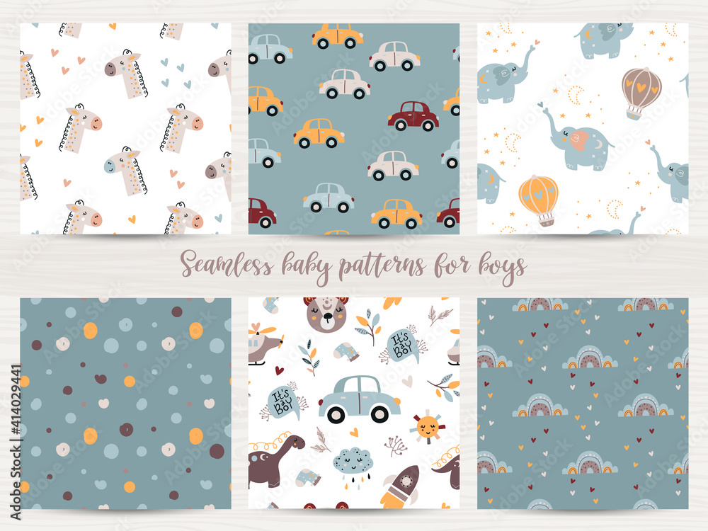 Set of seamless patterns for baby boys. Set of seamless patterns for baby boys.