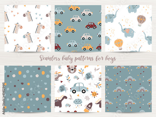 Set of seamless patterns for baby boys.