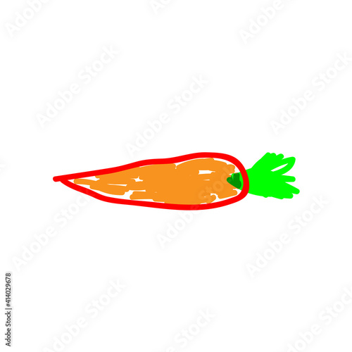 Carrot in a deliberately childish style. Vegetable child drawing. Sketch imitation painting felt-tip pen, marker. Icon isolated. Eco harvest, healthy food, vegetarian, raw diet. Vector illustration