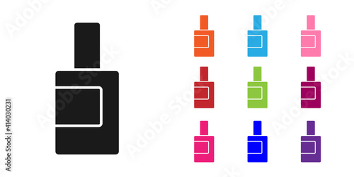 Black Plastic bottle for laundry detergent, bleach, dishwashing liquid or another cleaning agent icon isolated on white background. Set icons colorful. Vector.