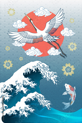 Abstract Art Japanese Flying Crane with Red Sun Surrounded with A bunch of Clouds with Scattering Sakura Flowers and the Torrential wave with Carp KOI Fish below Template Design for Wrapping Paper