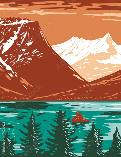 Saint Mary Lake in Glacier National Park located in Montana United States of America WPA Poster Art