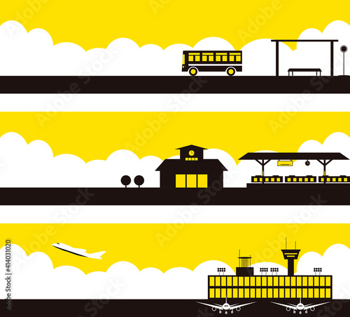空港　駅　バス停イラストセット