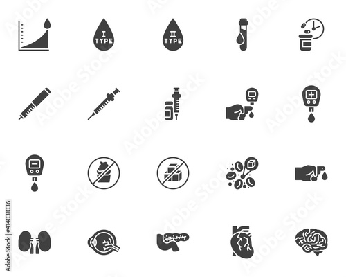 Diabetes disease vector icons set, modern solid symbol collection, filled style pictogram pack. Signs, logo illustration. Set includes icons as blood sugar test, diet, diabetic insulin pen, medication
