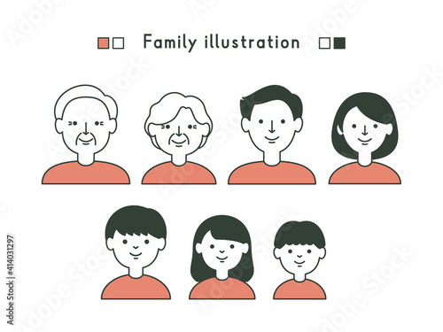 三世代・家族の線画イラスト