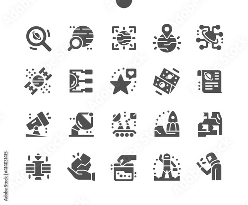 Space research. Planetary location. Space satellite. Technology, astronomy, universe, cosmos, system, discovery, solar, orbit. Technology and innovation. Vector Solid Icons. Simple Pictogram