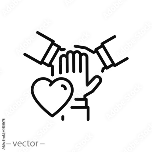 nonprofit charity organization icon, team with heart, philanthropy love, social community concept, volunteer help, thin line symbol on white background - editable stroke vector illustration