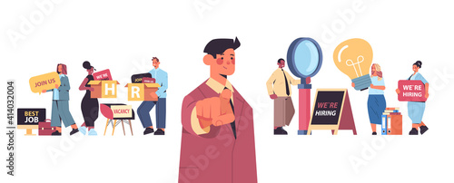mix race hr managers choosing lucky applicant pointing fingers at camera vacancy open recruitment human resources concept horizontal vector illustration