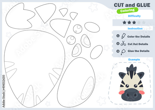 Cartoon zebra. Education paper game for preshool children. Cut parts of the image and glue on the paper. Vector illustration. Cut and Glue Game.