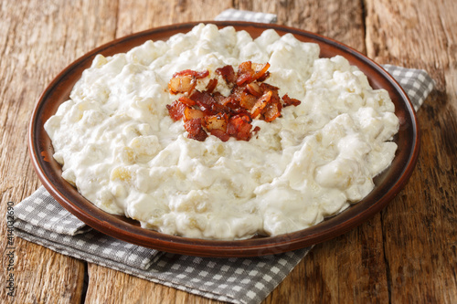 Slovak national dish Bryndzove halusky is made of small potato dumplings and a creamy cheese sauce closeup in the plate on the table. horizontal photo