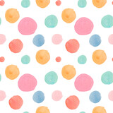 Watercolor abstract seamless pattern in on-trend colors.Print with circles in pink,orange,green,blue on white isolated background hand painted.Designs for textiles,social media,wrapping paper,fabric.