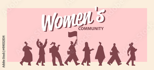 girls activists silhouettes standing together female empowerment movement women's community union of feminists concept horizontal full length vector illustration