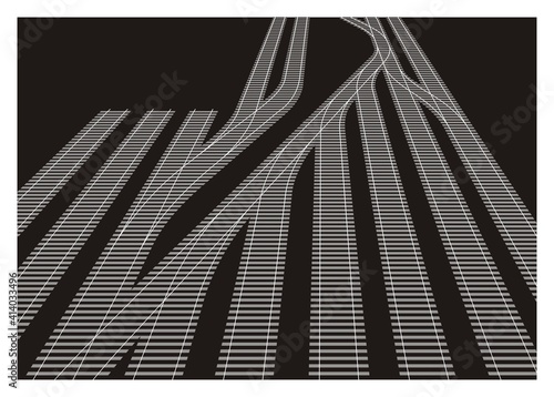 Railway yard. Simple flat illustration. Perspective view.