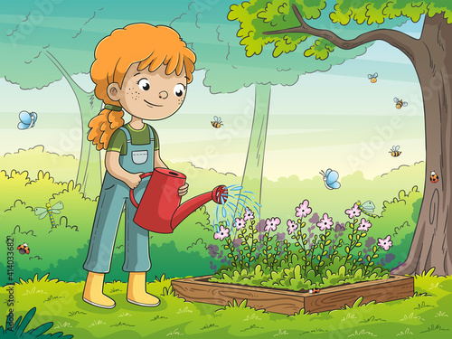 Girl watering flowers in the garden. Hand drawn vector illustration with separate layers.