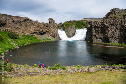  Scenic landscape of Hjalparfoss on the South of Iceland