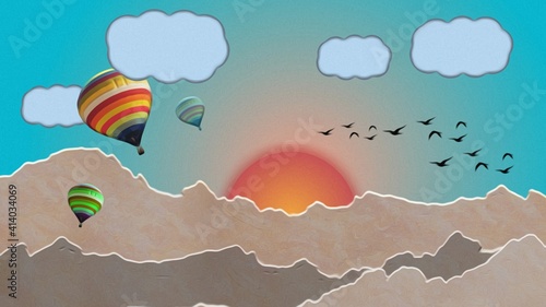 flying over the clouds mountain real rising sun parachute birds.