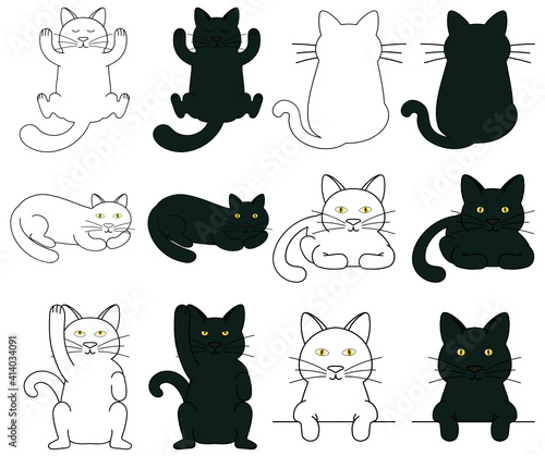 Set of black and line art cat's action cartoon on white background such as sleep, playful, looking, laying down