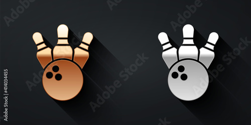 Gold and silver Bowling pin and ball icon isolated on black background. Sport equipment. Long shadow style. Vector.