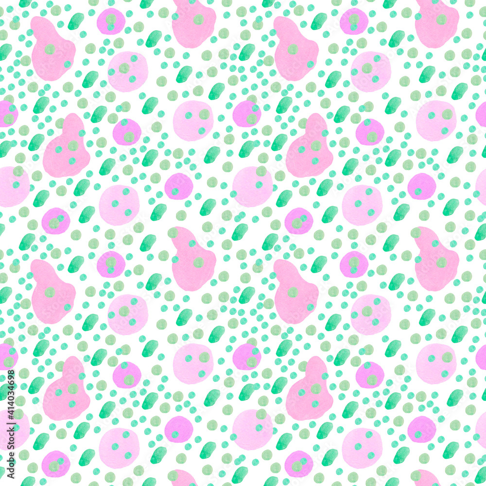 Watercolor abstract seamless pattern in on-trend colors.Print with circles in pink,green on white isolated background hand painted.Designs for textiles,social media,wrapping paper,fabric.