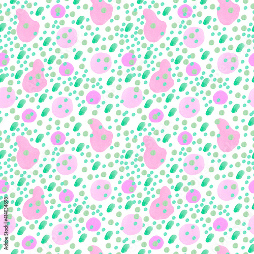 Watercolor abstract seamless pattern in on-trend colors.Print with circles in pink green on white isolated background hand painted.Designs for textiles social media wrapping paper fabric.