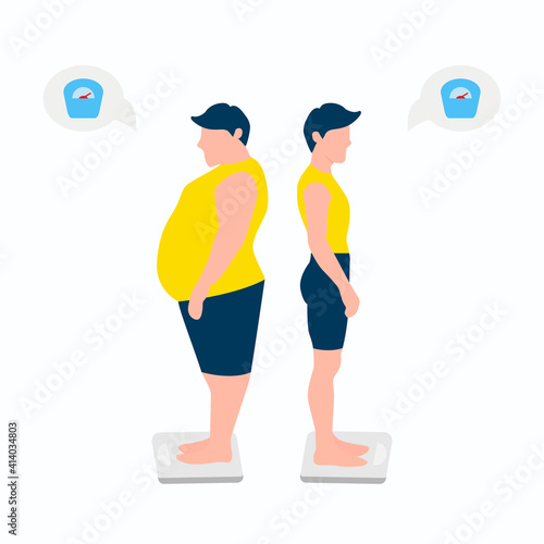 Vector Illustration of a man showing the weight before and after. A fat and slim female figure. Eps 10