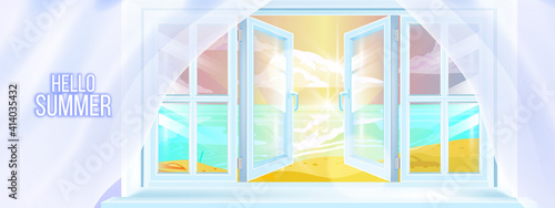 Open summer window frame, tropical blue vector illustration with ocean view, beach sand, clouds, morning sky. Vacation weekend banner with fresh air, flying curtains, sea. Open glass window concept