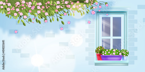 House window frame vector floral spring background, summer blossom brick wall front view, sill, flowerpot. Architecture classic facade illustration, sakura pink branches, flowers. Spring window banner