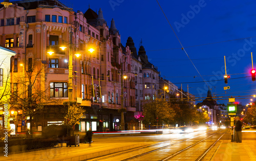 Nightlife of illuminated central Debrecen streets, Hungary