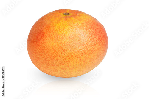 large juicy orange with red grapefruit cut out on a white background with shadow and reflection