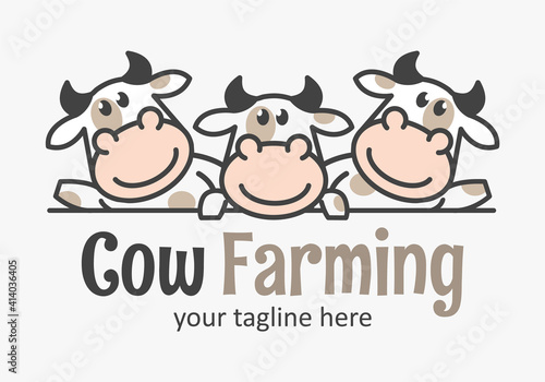 Cute cow farming logo with three funny calfs. Market cow icon. Farmer sign.
