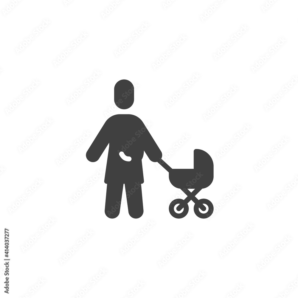 Mother with a stroller vector icon. filled flat sign for mobile concept and web design. Woman with baby carriage glyph icon. Symbol, logo illustration. Vector graphics Mother with a stroller vector icon. filled flat sign for mobile concept and web design. Woman with baby carriage glyph icon. Symbol, logo illustration. Vector graphics