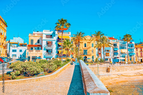 Photography View of the beach and the sea shore of a small resort town Sitge