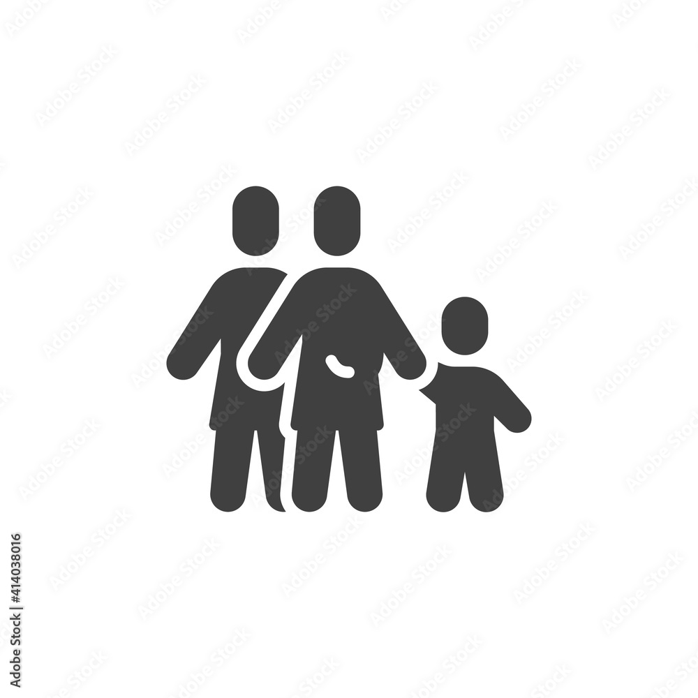 Two women and child vector icon. filled flat sign for mobile concept and web design. Lesbian family with child glyph icon. Symbol, logo illustration. Vector graphics