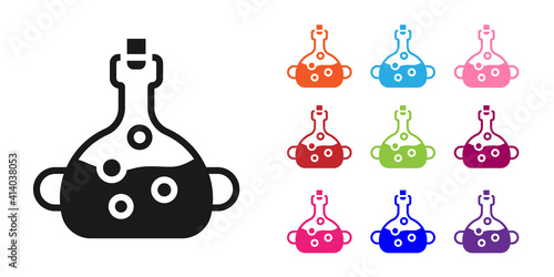 Black Poison in bottle icon isolated on white background. Bottle of poison or poisonous chemical toxin. Set icons colorful. Vector.