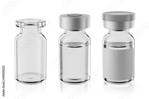 Vaccine clear glass injection vials set isolated. 3d rendering mockup.