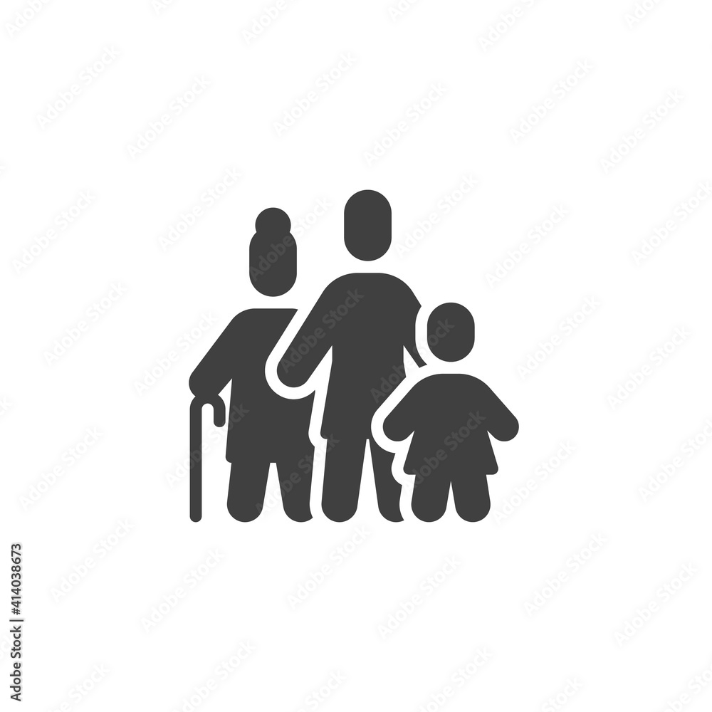 Grandmother with daughter and child vector icon. filled flat sign for mobile concept and web design. Mother, daughter and grandma glyph icon. Symbol, logo illustration. Vector graphics