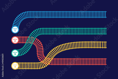 Playing field for game with tangled railway tracks, flat vector illustration.