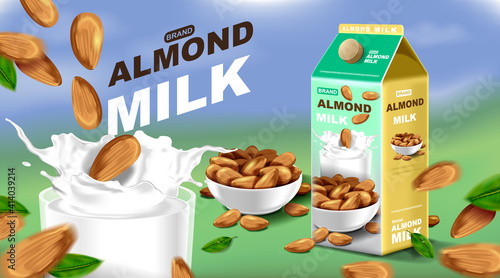 Almond milk with splashing liquid and seeds on blue sky, vector illustration