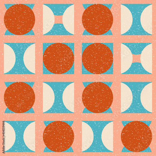 Modern vector abstract seamless geometric pattern with semicircles and circles in retro scandinavian style. Pastel colored simple shapes with separate worn out texture.