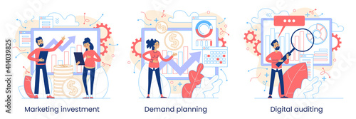 Marketing accounting concept. Finance management. Marketing investment. Digital auditing, business plan. Digital sales. Demand planning, Graphic elements set. Vector illustration in flat style.