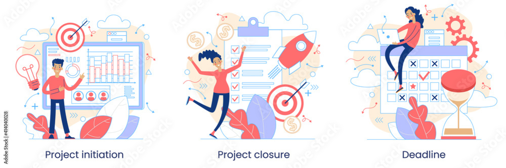 Project initiation, Project closure, Deadline concept. Business analysis. Terms of implementation of projects. Drawing up documentation. Abstract metaphor. Graphic elements set. Vector illustration in