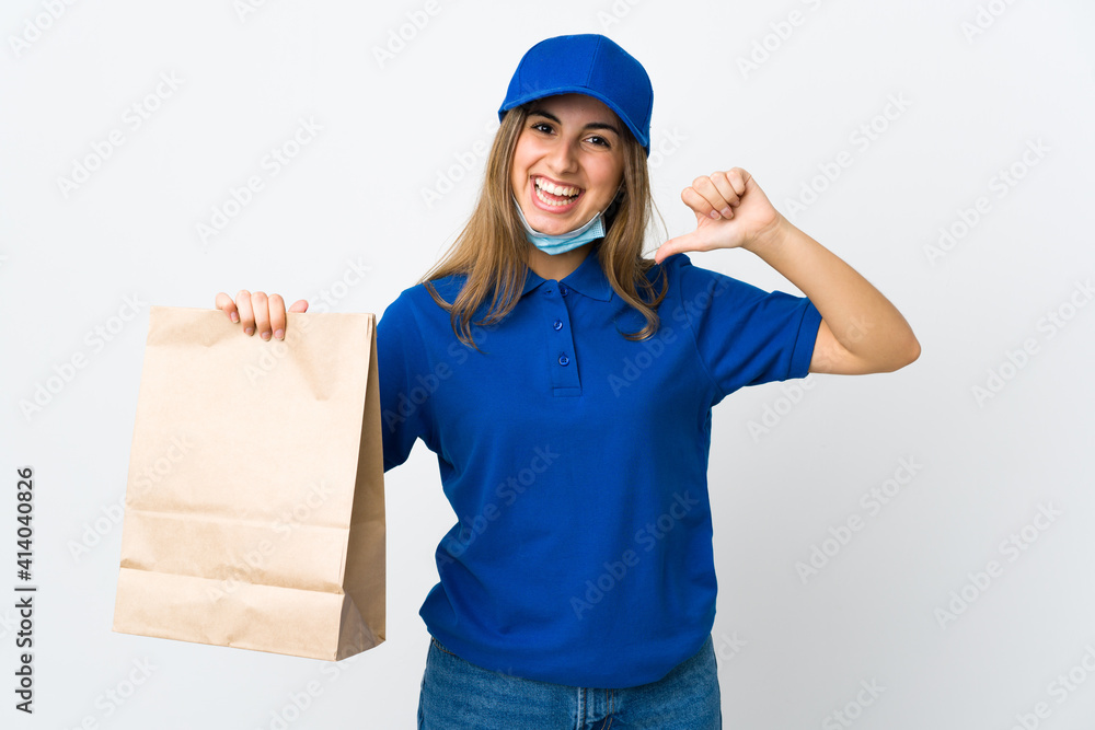 Food delivery woman and protecting from the coronavirus with a mask over isolated white background proud and self-satisfied Food delivery woman and protecting from the coronavirus with a mask over isolated white background proud and self-satisfied