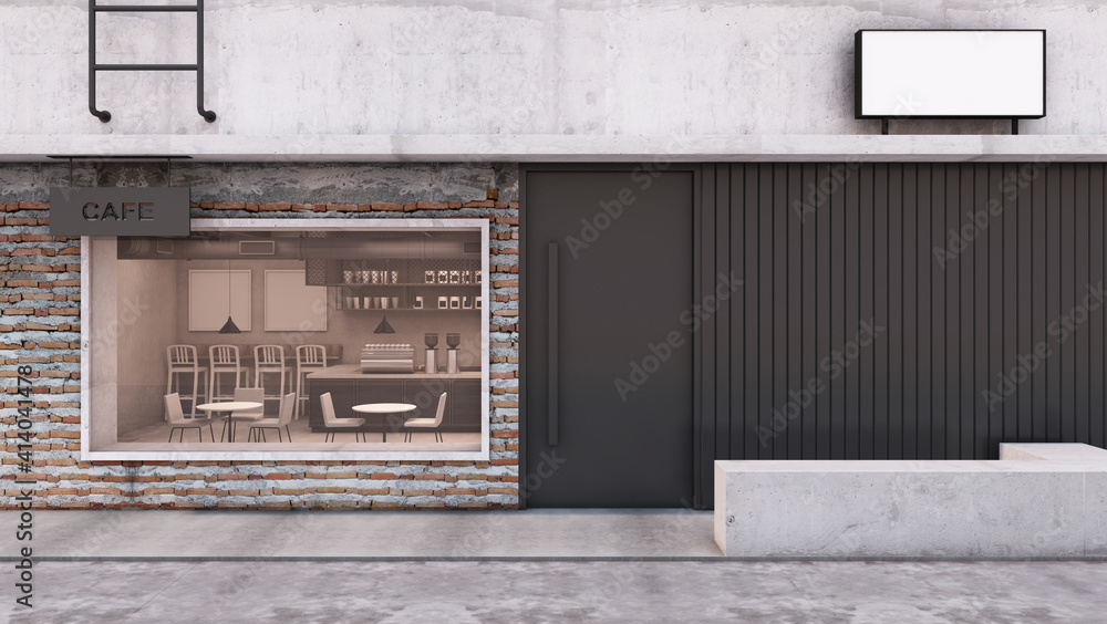 Front view Cafe shop and Restaurant design. Modern Loft wall brick frame windows black,Black metal slat wall,Concrete floor- 3D render Front view Cafe shop and Restaurant design. Modern Loft wall brick frame windows black,Black metal slat wall,Concrete floor- 3D render