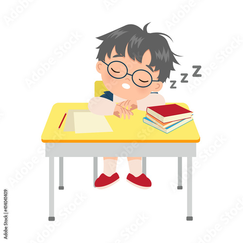 Cute boy sleeping in his study desk. Lazy kid concept. Flat vector cartoon style