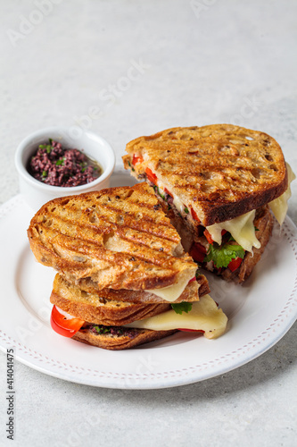 Grilled cheese sandwiches with vegetables and olive paste on white plate.