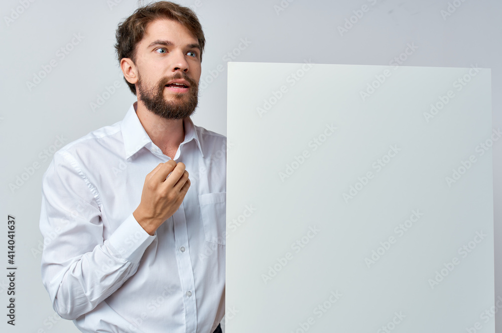 man in shirt emotions white banner advertising official man in shirt emotions white banner advertising official