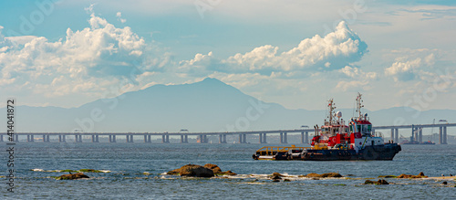 Guanabara Bay, Rio de Janeiro, Brazil - CIRCA 2021: Oil exploration platform stopped at Guanabara Bay, which is part of the Santos Basin, serves as access to the Campos Basin and is an active field