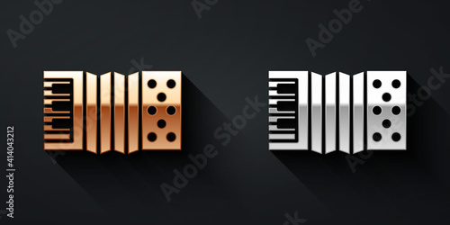 Gold and silver Musical instrument accordion icon isolated on black background. Classical bayan, harmonic. Long shadow style. Vector.