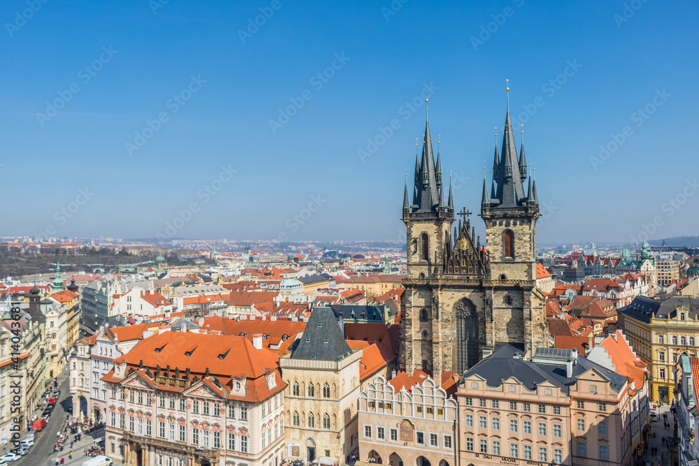 View of Prague from the tower hall with St. Vitus Cathedral