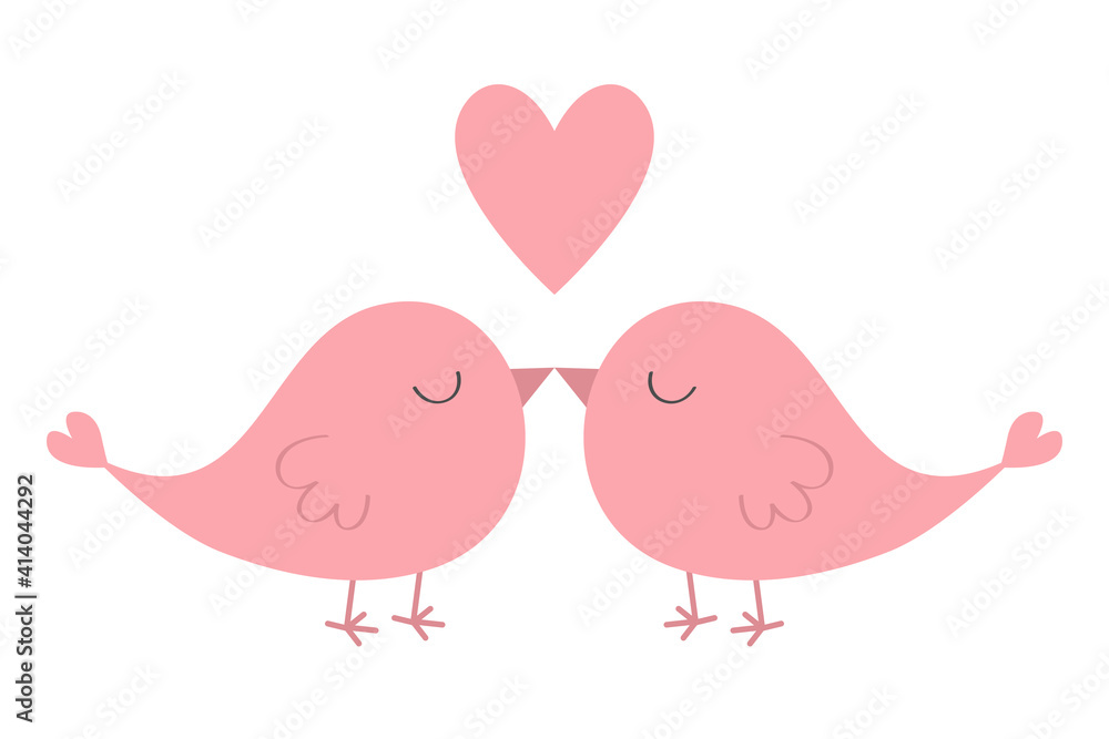 Pink bird couple set. Cute heart. Love Greeting card. Happy Valentines Day. Sticker print. Cartoon kawaii funny baby character. Flat design. Isolated. White background.